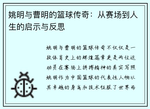 姚明与曹明的篮球传奇：从赛场到人生的启示与反思